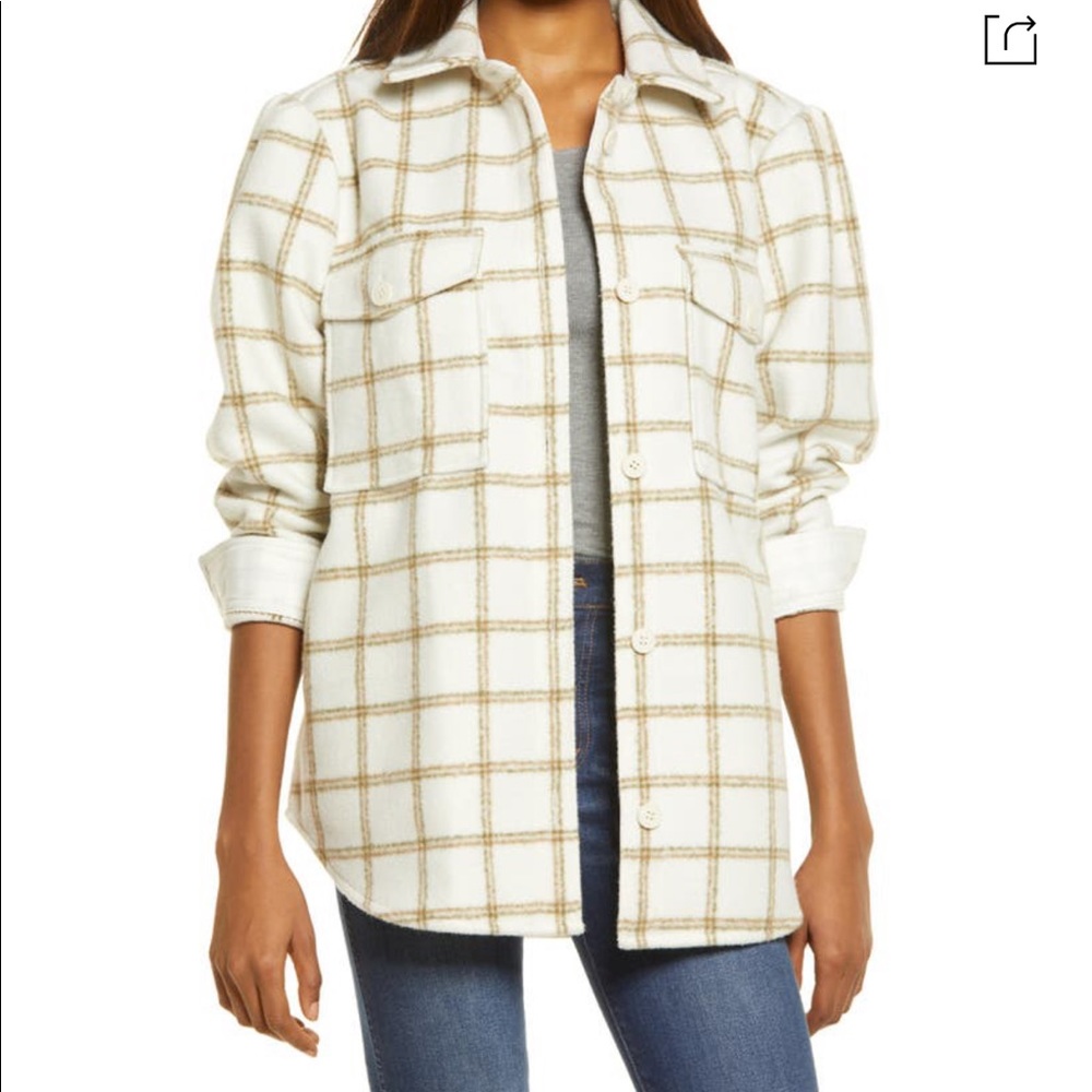 Plaid Puff Sleeve Shirt Jacket In Ivory Carsonpane